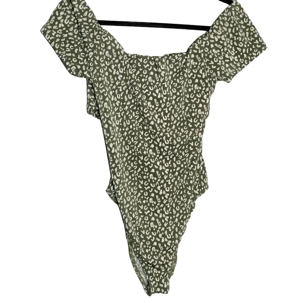 Lush Women's XL Sammi Bodysuit Off The Shoulder Leopard Olive Green Top‎